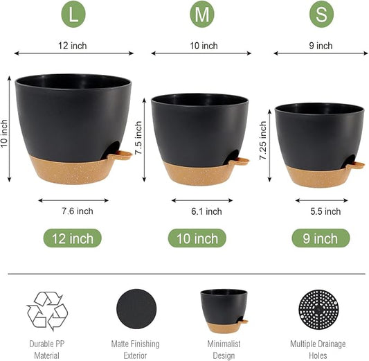 UOUZ Large Self Watering Pots, 12/10/9 Plastic Planters with High Drainage Holes and Deep Reservoir for Indoor Outdoor Garden Plants and Flowers, Black with Brown