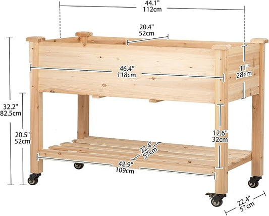 Raised Garden Bed with Lockable Wheels, 48x24x32 inch Elevated Wood Planter with Storage Shelf Protective Liner for Vegetable Flower Herb Outdoor Balcony Patio Backyard, Natural