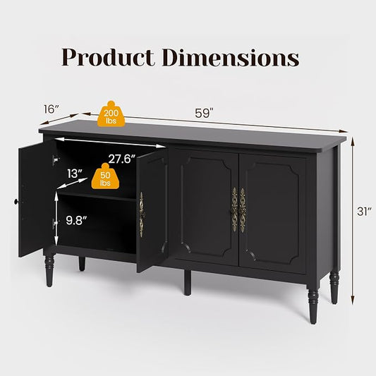 RoyalCraft Sideboard Buffet Cabinet with Storage, 59" Mid Century Modern Credenza with 4 Doors, Coffee Bar Wine Bar Storage Cabinet with Artistic Carved Handle for Living Room, Dining Room, Black