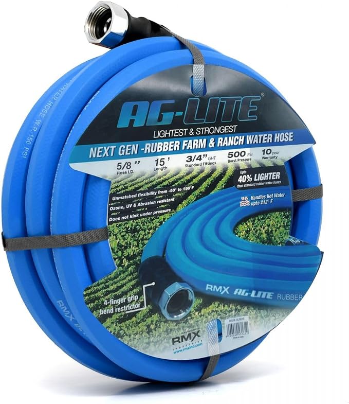 AG-LITE BSAL5815 5/8" x 15' Hot/Cold Water Rubber Garden Hose, 100% Rubber, Ultra-Light, Super Strong, 500 PSI, 50F to 190F Degrees, High Strength Polyester Braided
