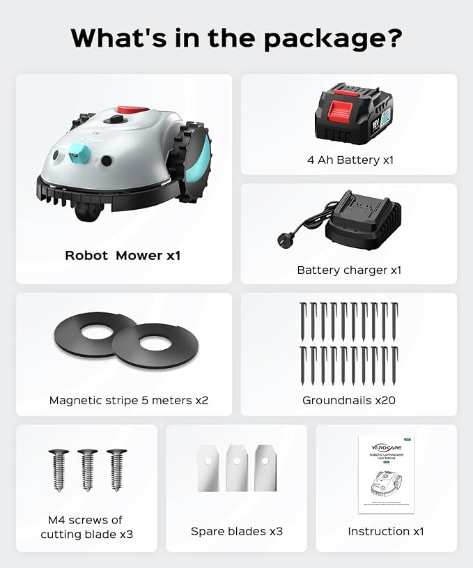 YARDCARE V100 Robotic Lawn Mower – Visual Navigation & Smart Obstacle Avoidance, Adjustable Cutting Height 0.8–2.4 in, Low-Noise Auto Mowing for Small Lawns up to 1,600 sq ft