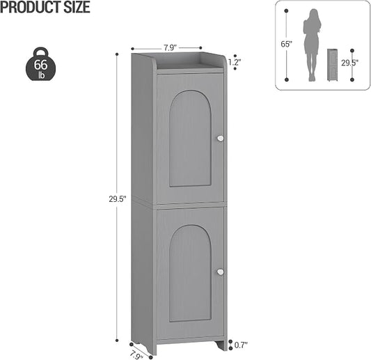 Hzuaneri Bathroom Storage Cabinet, Small Corner Floor Cabinet with 2 Doors and Adjustable Shelf, Narrow Toilet Paper Cabinets, Bathroom Organizer for Small Spaces, 7.9" D x 7.9" W x 29.5" H Gray