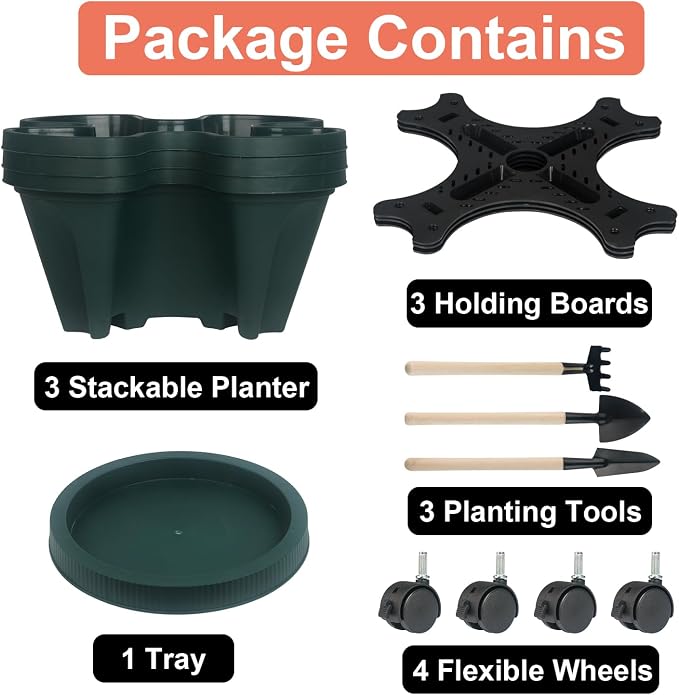 GameXcel Vertical Planter Tower - 3 Tier Stackable Garden Planters with Wheels and Tools Plant Pots for Strawberry Herb Flower and Vegetable Indoor Outdoor Use Green