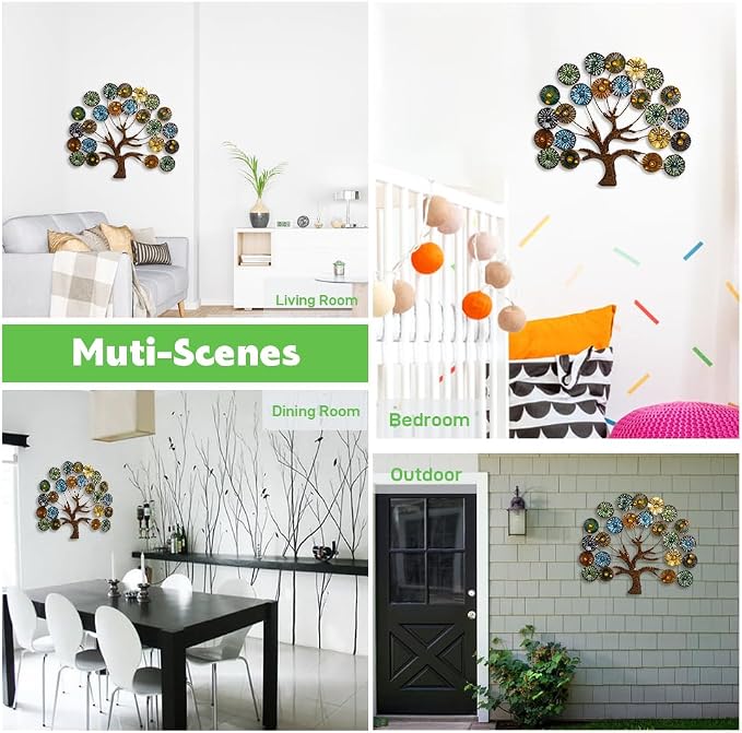 dreamskip Metal Wall Art Modern Large Tree of Life Wall Art with Multi Colored Leaves Handcrafted Outdoor Wall Decor Wall Sculpture for Living Room, Bedroom, Home, Garden (24.5 Inches)