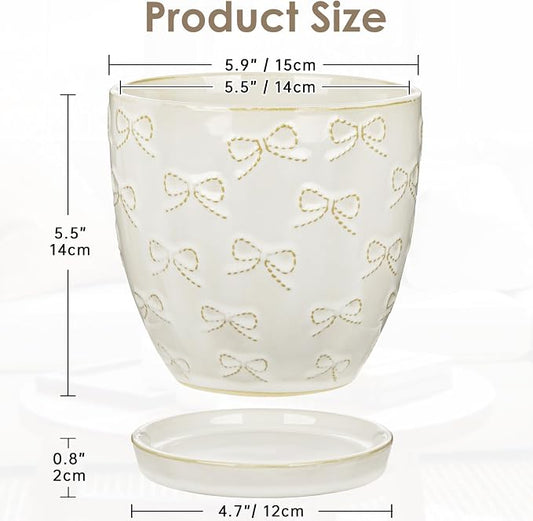Hollyone 6 Inch White Ceramic Planter Flower Plant Pot with Drainage Hole and Saucer for Plants Embossed Indoor Outdoor Garden Embossed Ceramic Glazed Round Pot for Succulent Orchid Bow Pattern