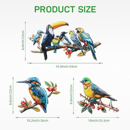 3 Pcs Metal Birds Wall Art Garden Decor, 3D Colorful Birds Outdoor Wall Art Yard Patio Fence Decoration, Hummingbird Parrot Toucan Wall Hanging Sculpture Outside Gift for Women Mom