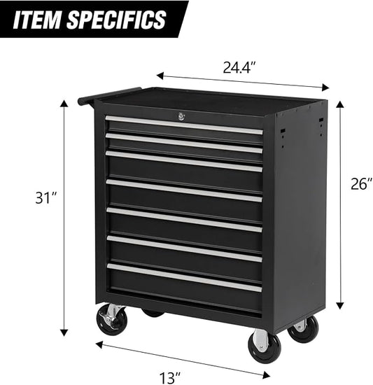 Tool Chest, 7-Drawers Rolling Tool Box with Rotate Handle & Wheels, Lockable Multifunctional Tool Cart, Suitable for Garages, Workshop, Warehouse,