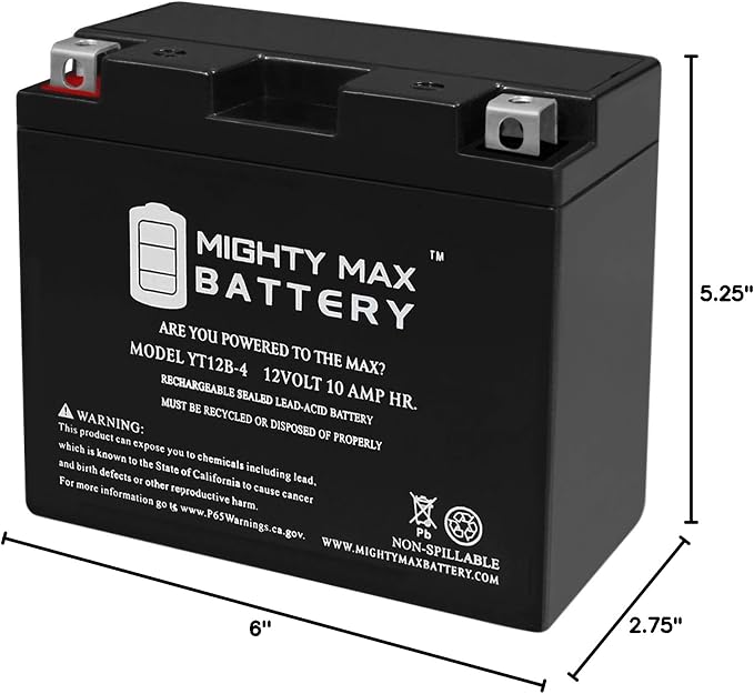 Mighty Max Battery YT12B-4-12 Volt 10 AH, 125 CCA, Rechargeable Maintenance Free SLA AGM Motorcycle Battery