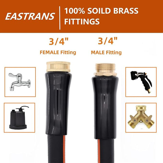 EASTRANS Short Garden Hose 10 ft x 5/8", Heavy Duty Black Orange Water Hose with 3/4" Solid Brass Connector, Flexible, Lightweight, Durable, Male to Female