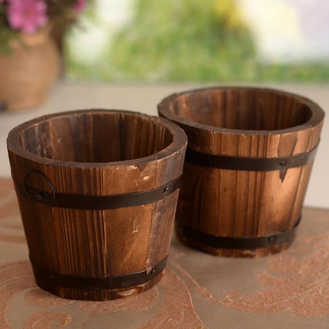 1 Pcs Rustic Wooden Bucket Barrel Flower Planter Patio Garden Backyard Planter Outdoor Indoor Home Decor