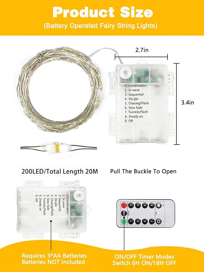 2 Pack 200 LED Fairy Lights Battery Operated with Remote, 8 Modes String Lights Indoor Outdoor, Cuttable Battery Light for Home Bedroom Wedding DIY Centerpiece Christmas Decorations (Warm White)
