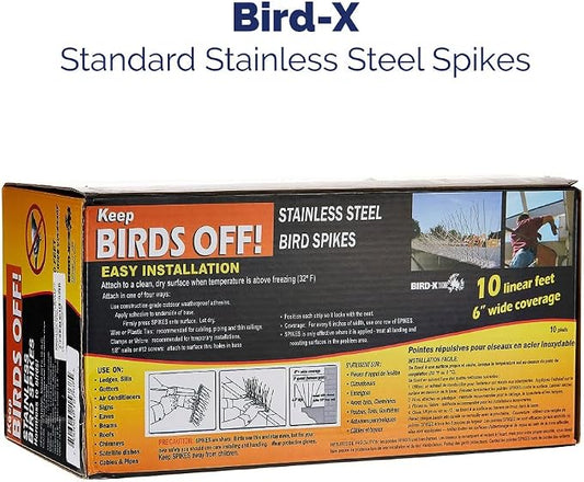 Bird-X Stainless Steel Spikes Stop Bird Roosting Pigeons 6 Inch Wide 10 Ft | Stops Bird Landing, Durable Stainless Steel, Ledges, Sings, Pipes Beams, For Pigeons, Seagulls, Sparrows & more 10 Feet