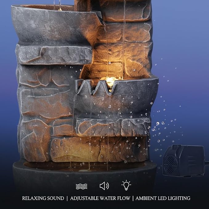 Teamson Home 33" Outdoor Water Fountain with LED Lights | 3-Tier Cascading Bowls, Weather-Resistant Resin, Garden Water Feature, Stone Gray