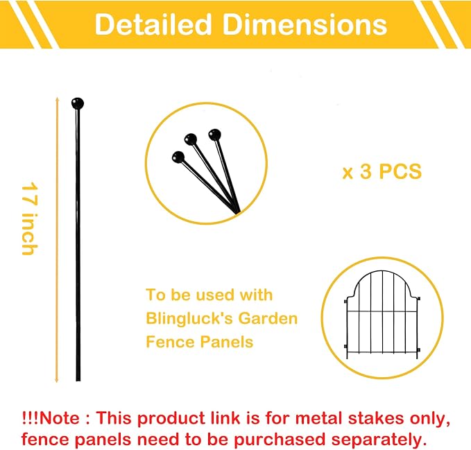 Blingluck Decorative Garden Fence Stakes 3 Pack Without Fence Panels, Total 17in(H) No Dig Animal Barrier, Garden Border Edging Flower Outdoor Fences for Landscape Specialized Accessories