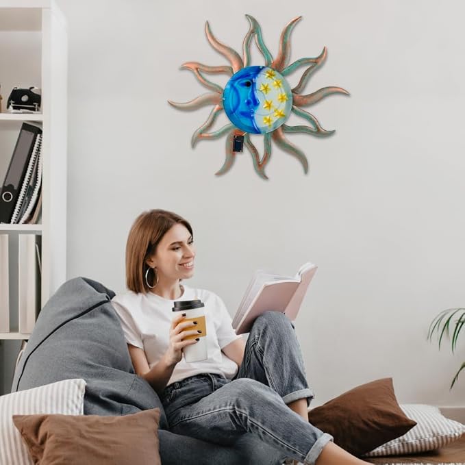 VEWOSTAR 29" Large Metal Sun and Moon Wall Art,3D Fence Wall Decor With with Solar Lights, Hanging Decoration for Patio Garden Yard,Gift Ideal for Mom