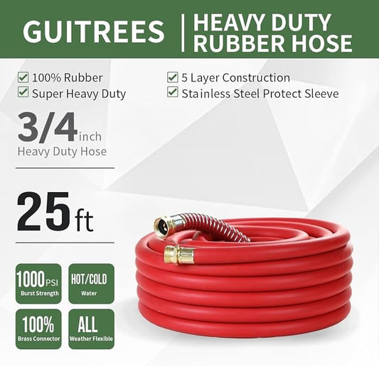 Guitrees 25FT 3/4 Heavy Duty Rubber Garden Hose - 300psi Working, 1000psi Burst - Hot/Cold Water - Five-Layered Braiding for Durability - Versatile for Gardening, Agriculture, Construction(Red)