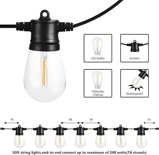 SUNTHIN Outdoor String Lights, 3 * 50FT(150FT Total) Patio Lights with 3 * 15 LED Shatterproof Bulbs for Outside, Backyard, Deck, Porch, Garden, Bistro, Cafe, Party