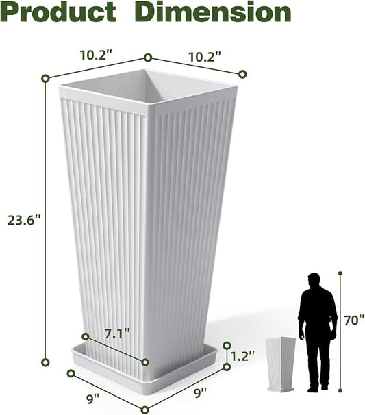 White Square Tall Planters for Outdoor Plants Set of 2-24" Modern Tapered Indoor Flower Pots with Drainage Holes/Partition/Tray, Large Outdoor Planters for Porch Patio Garden Front Porch