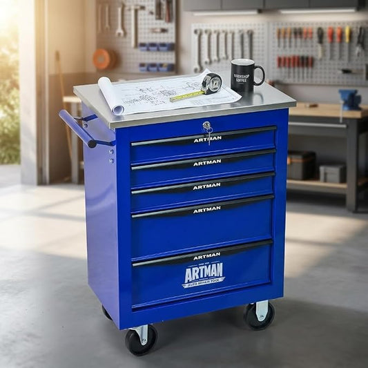 5-Drawer Rolling Tool Chest, Lockable Stainless Worktop for Garage,Blue | Heavy Duty Metal Tool Cabinet with Drawers on Wheels for Warehouse and Workshop Storage