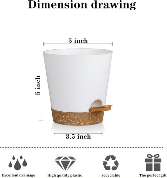 5 Pack 5 Inch African Violet Pots Self Watering, Self-Watering Planters with Drainage Holes & Reservoir, White Brown Plastic Pots for Indoor Outdoor Plants, Succulents & Flowers