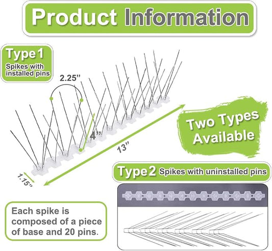 Bird Spikes Stainless Steel 100ft Coverage 93 Pack for Pigeons Small Birds Outdoor Use Bird Prevention Strips for Fence Woodpeckers with 304 Stainless Steel Pins and Plastic Base Not Rusty