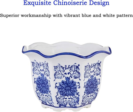 HakkaGirl Ceramic Pots for Plants, Chinoiserie Décor Ceramic Flower Pots Planters for Indoor Plants with Drainage, Blue and White, Set of 3