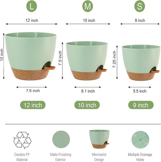 UOUZ Large Self Watering Pots, 12/10/9 Plastic Planters with High Drainage Holes and Deep Reservoir for Indoor Outdoor Garden Plants and Flowers, Green with Brown