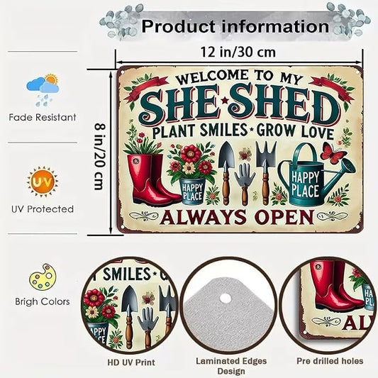 Bestylez Garden Gifts Welcome To My She Shed Vintage Gardening Signs for Home Garden Greenhouse Living Room Bedroom Yard Outdoor Decor 8X12 Inch (3372)