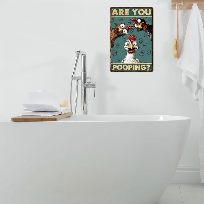 Vintage Chicken Tin Sign Are You Pooping Retro Bathroom Metal Poster Funny Wall Art Toilet Man Cave Bar Cafe Indoor Room Garage Store Office Farmhouse 12 * 8inch