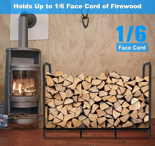 4ft Firewood Rack Holder, Adjustable Heavy Duty Fire Log Stacker Stand for Fireplace, Outdoor Indoor Metal Wood Pile Storage Organizer, Patio Logs Stand tool, Black