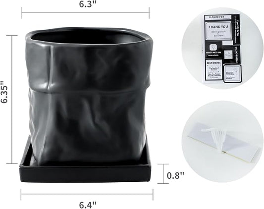 Nihow 6 Inch Ceramic Plant Pot with Drainage & Square Saucer,Black | Bag Shape Design,Indoor & Outdoor,Living room/Office/Bedroom/Windowsill/Tabletop,Plant Lovers/Gardeners/Beginners