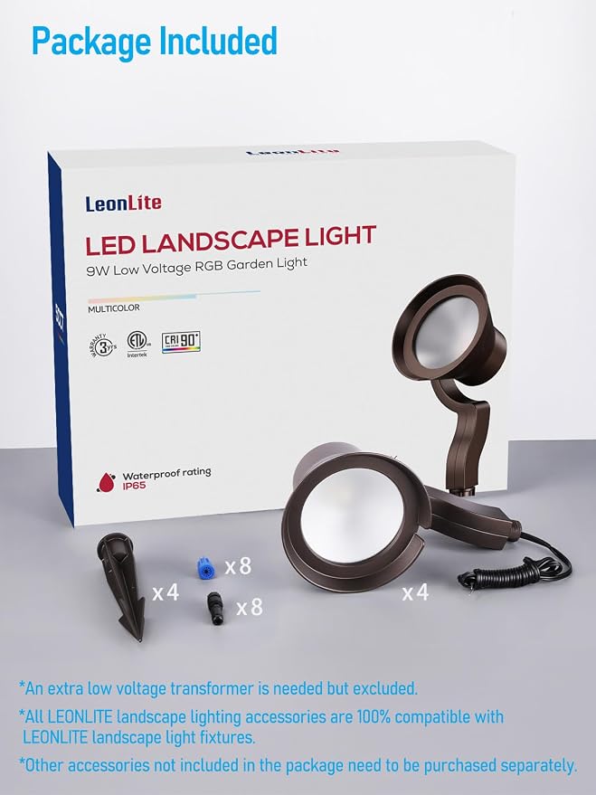 LEONLITE 4-Pack RGBCW Wall Wash Dimmable LED Low Voltage Landscape Lights | 9W, Landscape Spotlights Outdoor, 12-24V AC/DC, Color Changing, IP65, ETL Listed, Aluminum