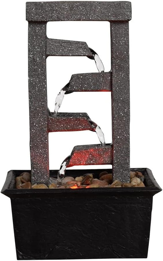 GOSSI 10" 4-Tier Tabletop Waterfall Fountain with Natural River Rocks, LED Lights, Resin Indoor Water Feature for Home Office Decor, Meditation Relaxation Gift