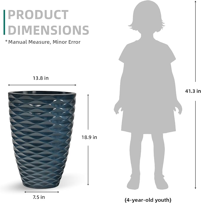 2-Pack 19" Glossy Navy Blue Resin Tall Planters with Wave Texture | Set of 2 resin tall planters with glossy navy blue wave texture, drainage plugs, and UV-resistant finish for porch or patio