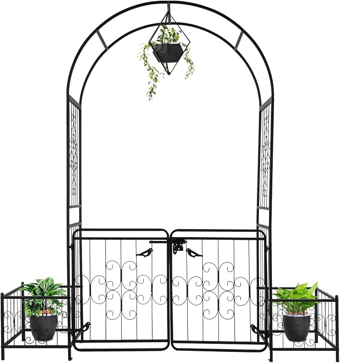 Outvita 7FT Garden Arch Arbor with Entry Door and Plant Frame, Heavy Duty Metal Arbour Archway, Decorative Frame Stand Trellis with Ground Stakes for Wedding Ceremony Party Plant Patio Black