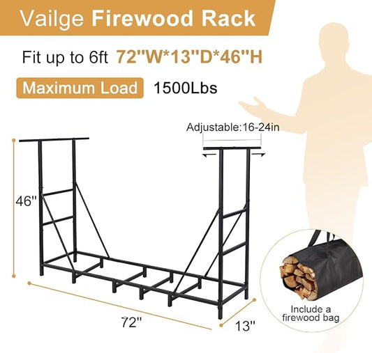 Vailge Firewood Rack Outdoor 6FT with Waterproof Firewood Carrier Bag, Adjustable Heavy Duty Steel Firewood Holder Storage, Log Rack for Fireplace, Fire Pit, Backyard, Camping