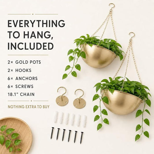 AceList Gold Hanging Planter for Indoor Plants, Set of 2-9.8 Inch Boho Metal Plant Hanger with Hooks & Chain, Brass Finish Hanging Plant Holder for Window, Ceiling & Living Room Decor