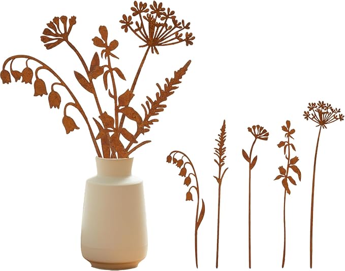 Metal Flowers for Outside, Garden Stakes Decorative, Decorative Plant Stakes with Easy Install Rusted Iron Floral Stakes for Patio, Yard, Outdoor Decor(Flower)