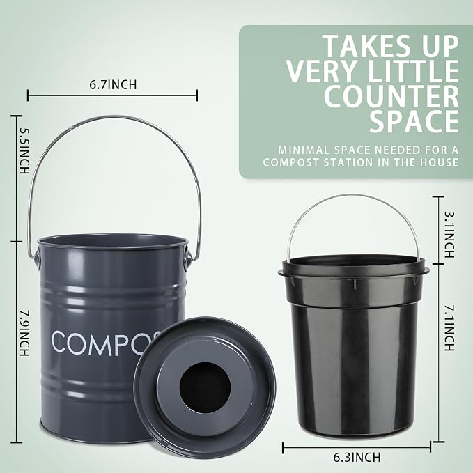 Vipush Compost Bin Kitchen Countertop Composter with lid – Small Compost ContainerI Includes Inner Compost Bucket Liner & Charcoal Filter, Grey