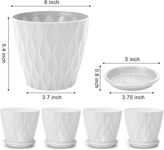 YNNICO 6 inch Plant Pots, 5 Pack Flower Pots Outdoor Indoor, Planters with Drainage Hole and Tray Saucer(White