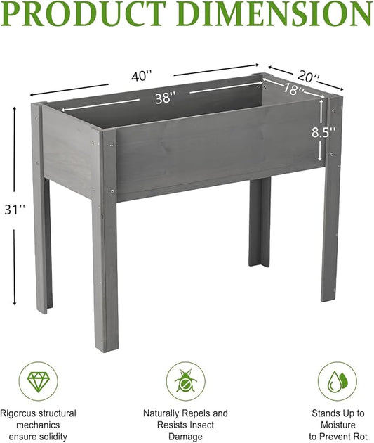 Raised Garden Bed with Legs, 40x20x31 in Planter Boxes Outdoor, Elevated Wooden Planter Box Standing Growing Bed for Gardening, Backyard, Patio and Balcony (Grey, 40x20x31)