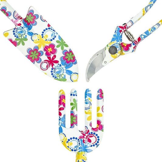 Southern Homewares Floral Design Gardening Tools, Set of 3 - Clippers, Trowel, and Weeding Fork - Cute Gardening Tools for Women, Perfect for Flower Bed Maintenance