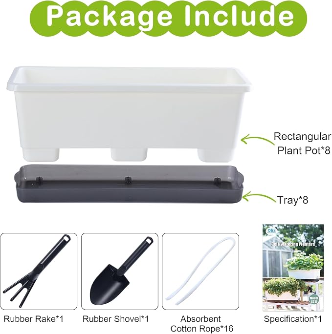 Oliz Window Box Planter 8 Pcs, 17 Inches Rectangle Flower Pots with Drainage Holes & Trays, Vegetable Planters for Windowsill Patio Garden Balcony Home Indoor Outdoor (White, 16 * 7 * 6 inch)