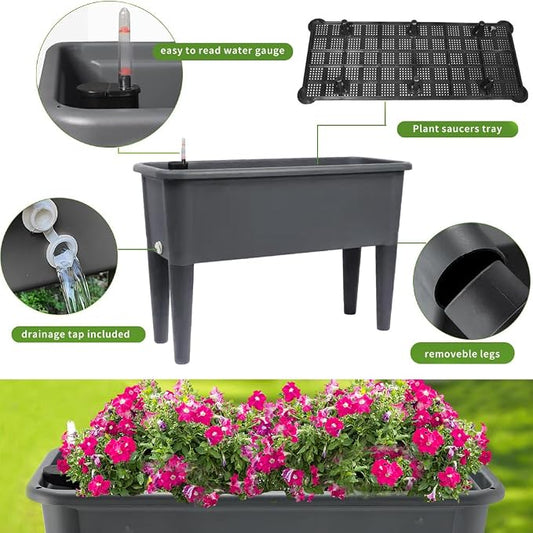 4 Pcs Self Watering Elevated Raised Garden Bed, Large Outdoor Plastic Planter Box Big Flower Plant Pot for Planting Flowers Vegetables and Herbs (4, Dark Grey)