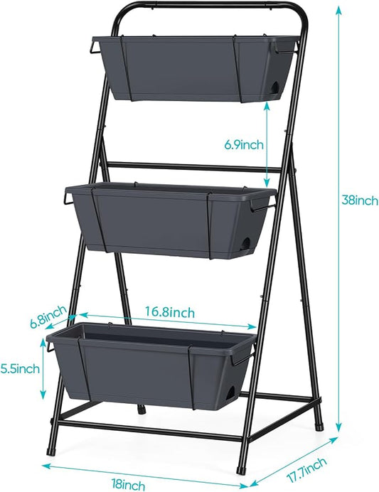 Vertical Garden Planter 3 Tier Raised Garden Bed Herb Planter Outdoor Standing Garden Planter Box with Drainage Holes Removable Tray for Patio Balcony Porch Grey