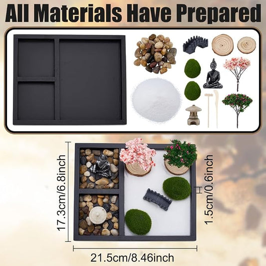 WEBEEDY Mini Zen Garden Kit for Desk, Japanese Mini Sand Box Set DIY Desktop Meditation Set Includes Sand, Buddha Statue & Rake for Home Office Desk Yoga Zen Decor Spiritual Gift, 8.5x6.8 Inch