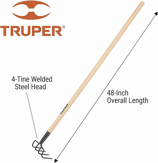 Truper GreenBuilt 4-Tine Welded Cultivator, 48-Inch Premium Waxed Hardwood Handle, Heavy-Duty Soil Aerating and Weeding Tool (Model 30029 / CUL-PE)