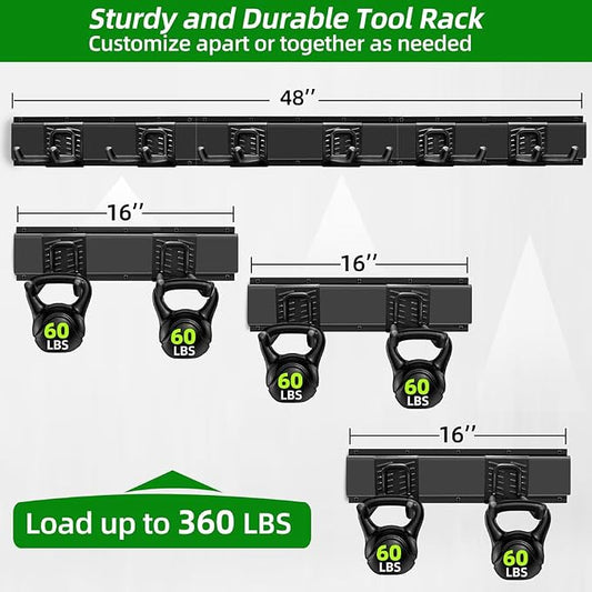 PIYILO Garage Organization, Garage Wall Organizer with 48 inches Rails and 6 Hooks, Tool Organizers Heavy Duty, Shovel Holder Wall Mount Max Load 360 LBS, Sturdy Garden Tool Rack for Folding Chairs