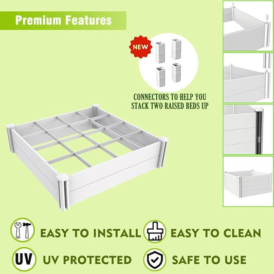 Raised Garden Bed Kit 4'x4' Outdoor Above Ground Planter Box for Growing Vegetables Flowers Herbs, DIY Gardening, Whelping Pen and More, Screwless White Vinyl Garden Bed with Grid
