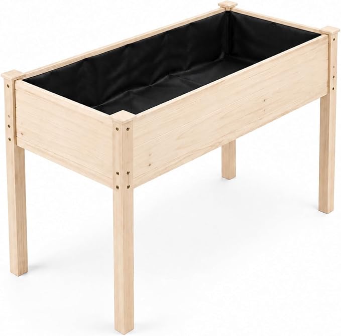 VINGLI 48.5"x22.5"x30" Elevated Raised Garden Bed with Bed Liner, Heavy Duty Wood Planter with Legs for Vegetables Fruits Potato Flower, Outdoor Sturdy Long Lasting Planter Box (Nature - no Wheel)